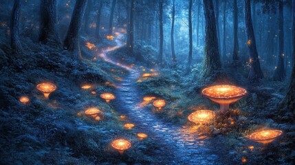 Enchanting moonlit forest path, glowing mushrooms, fantasy background, ideal for fairytale illustrations