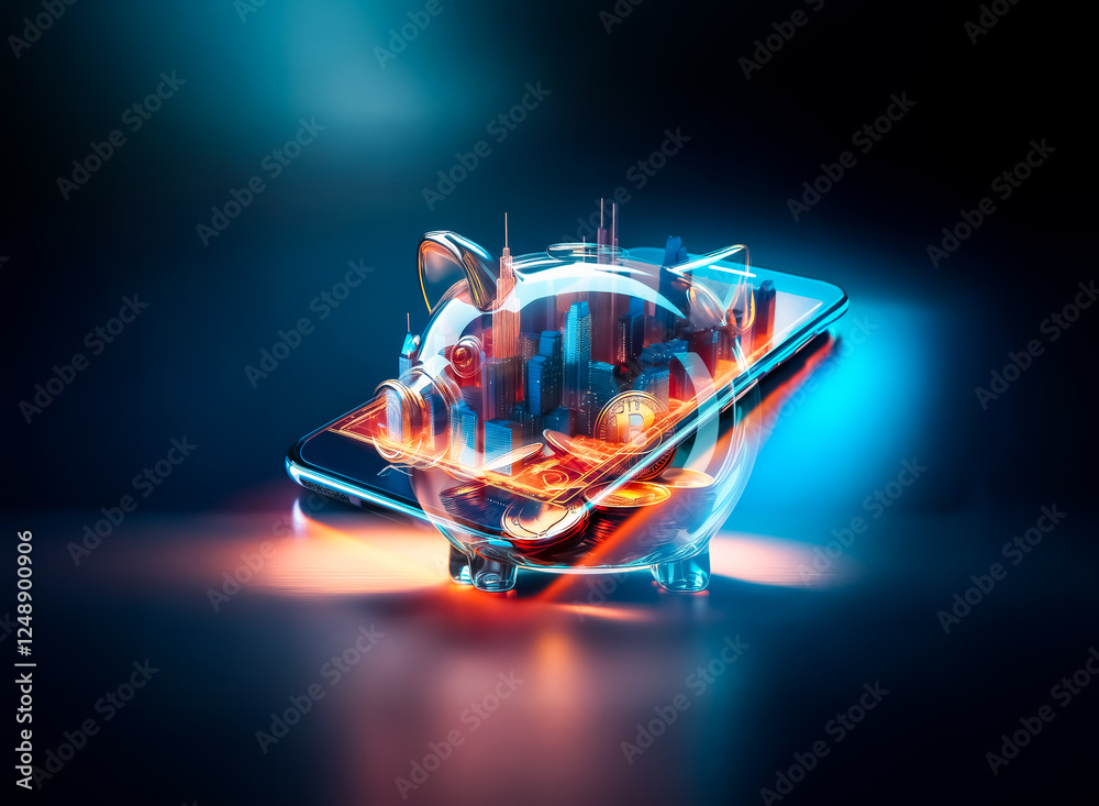Aufkleber a clear piggy bank filled with shiny coins is brightly lit against a dark backdrop, creating a sense
