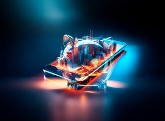 A clear piggy bank filled with shiny coins is brightly lit against a dark backdrop, creating a sense of financial savings and investment. The scene evokes thoughts of money and future prosperity.