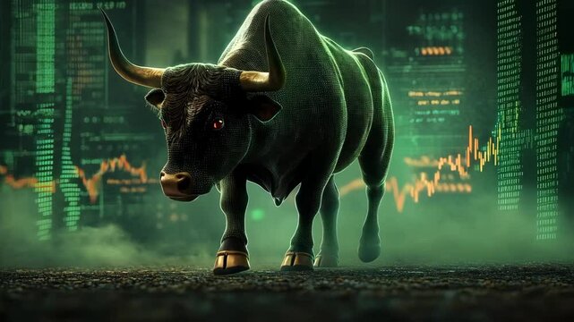 3D animation bull market on the stock exchange, crypto, forex. Candles of the stock market, price up. Bull Run.