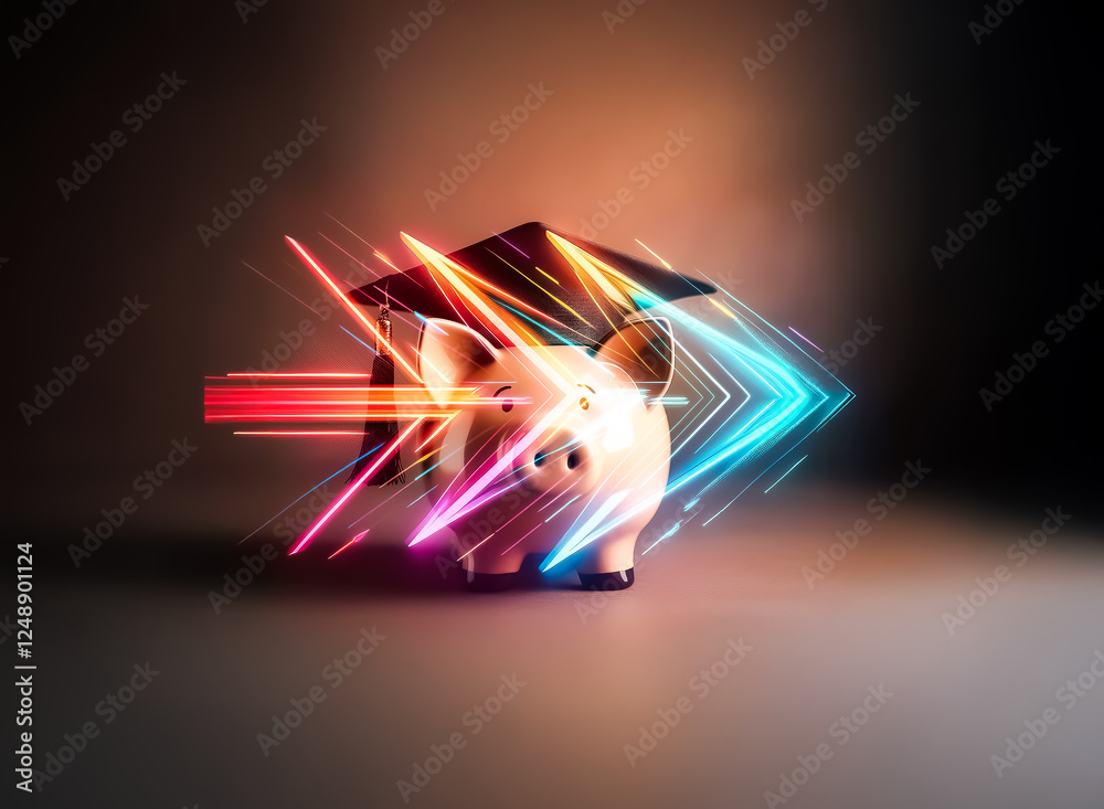 Poster A vibrant neon arrow streaks across a stark black backdrop, radiating with dynamic energy.  Its colorful, glowing lines suggest forward motion and direction, creating a visually striking and modern gr