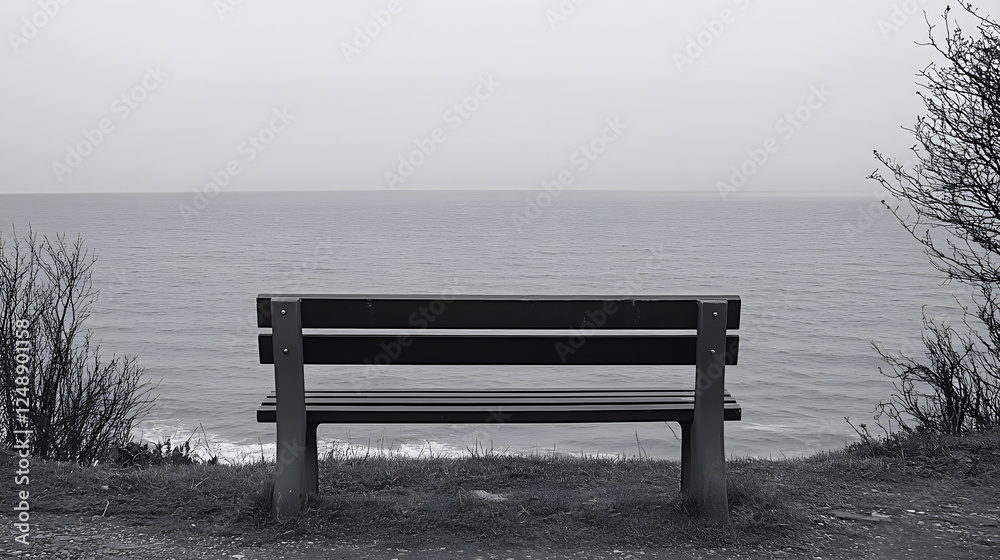 Poster a solitary bench overlooks a calm sea, surrounded by muted greenery, creating a serene and contempla