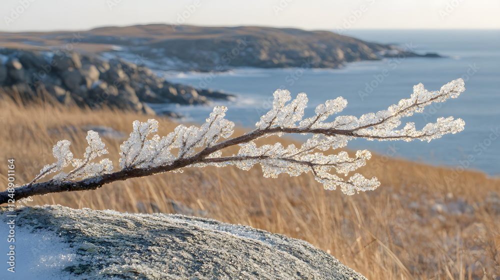 Aufkleber a frosted branch rests on a stone, overlooking a serene coastal landscape with rolling hills and a c