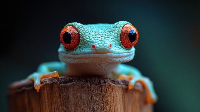Adorable red-eyed tree frog perched on a log in a jungle environment - Powered by Adobe