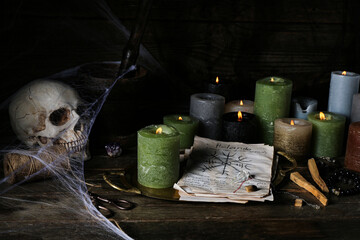 Witch's magic attributes with burning candles on dark wooden table