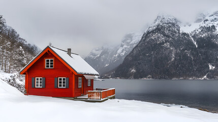A cozy red cabin in a snowy landscape, surrounded by majestic mountains and a calm lake under a cloudy sky