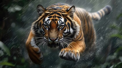 Obraz premium Majestic tiger leaping through a rain-soaked jungle, showcasing raw power and agility