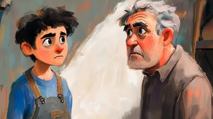 Animated scene depicting a heartfelt dialogue between an elderly man and a young boy, showing varied emotional expressions in a workshop setting