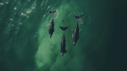 Aerial view of dolphins swimming in turquoise ocean water