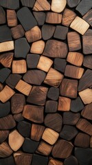 A close-up view of various wooden pieces arranged closely together, showcasing different textures and shades of brown and black.