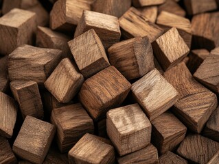 Fototapeta premium A close-up of numerous wooden cubes, showcasing their natural textures and rich, warm hues, creating a visually appealing arrangement.