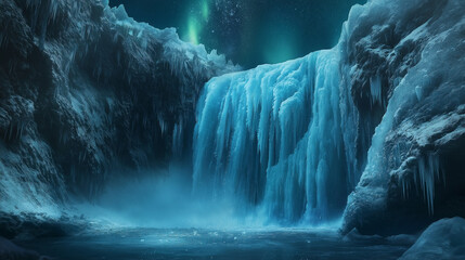 Winter’s Wonder: Frozen Waterfall with Northern Lights in Icelandic Wilderness
