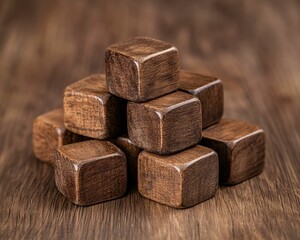 A stack of wooden blocks arranged in a pyramid shape against a rustic wooden background.