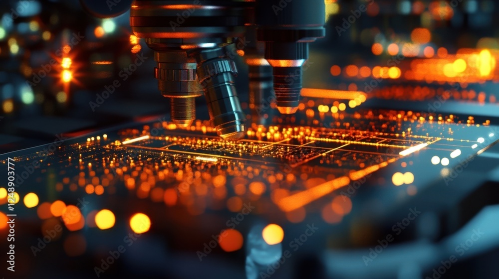Poster close up of a microscope examining a microchip, highlighting the intersection of science and technol