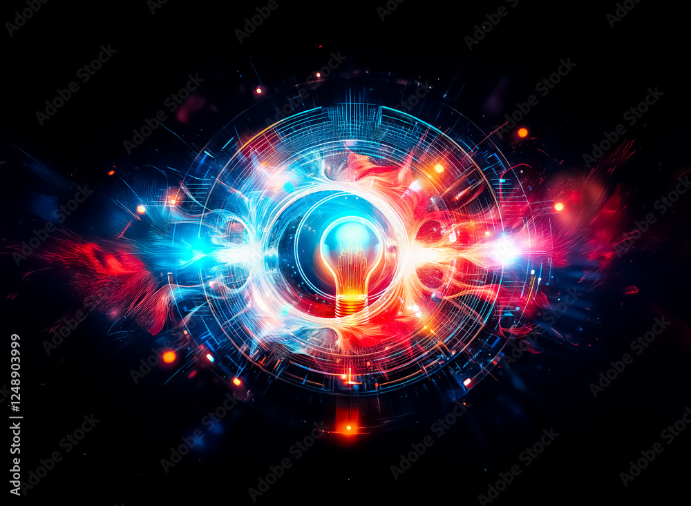 Leinwandbilder abstract art with a dark central circle surrounded by bursts of vibrant blue and red energy on a bla