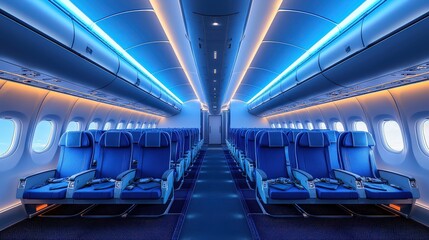 Obraz premium A dimly lit airplane cabin with empty rows of seats, creating a tranquil and serene setting.
