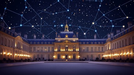 Naklejka premium Historic French Palace in Network of Blue Abstract Stars Constellation Connection, Night Outdoor