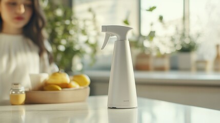 A branded spray bottle with a sleek, modern design sitting on a spotless counter 