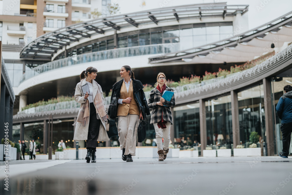 Wall mural Three professional women walking outdoors while engaging in conversation, showcasing teamwork and urban lifestyle.