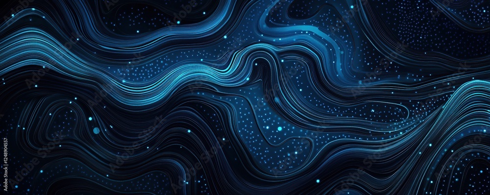 Poster abstract blue waves flowing dynamically with glowing particles: digital art background