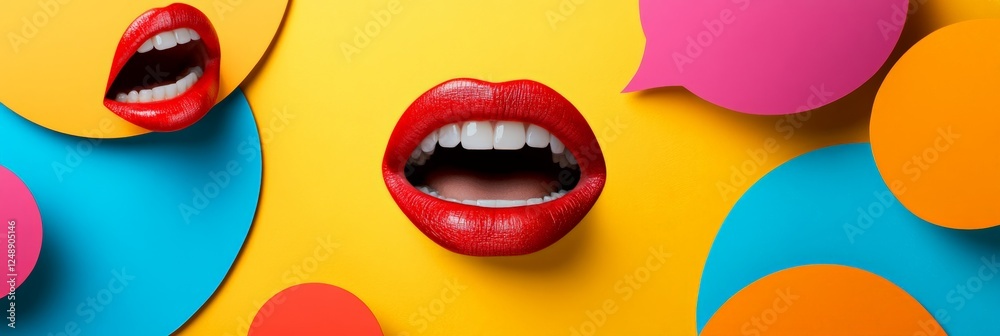 Poster sensual glossy red lips showing white teeth are placed on a vibrant yellow background with colorful 
