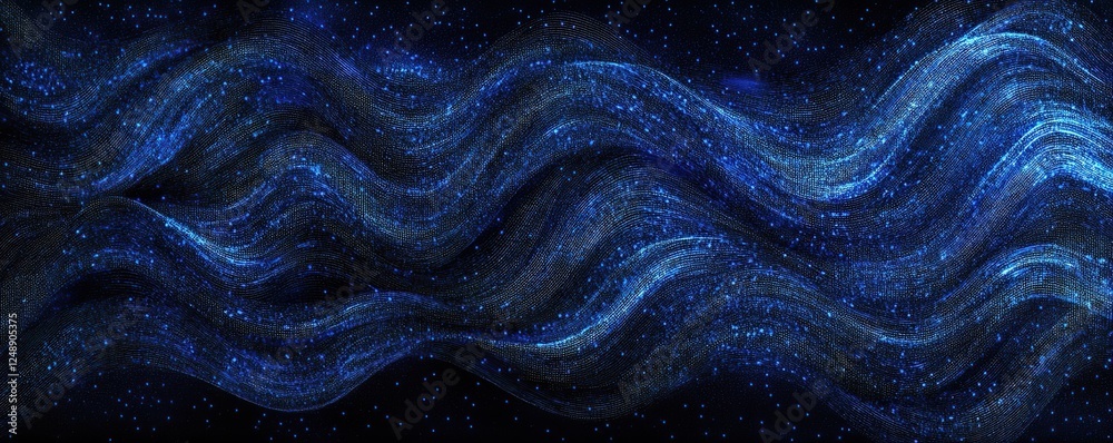 Poster abstract blue waves of light particles flowing dynamically across dark background, seamless loop ani