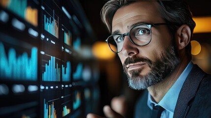 Business professional analyzing data on digital screens in a modern office environment