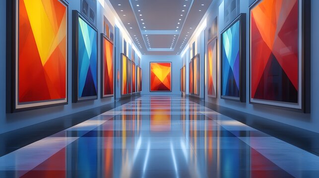 Low-poly art 198 framed in an open gallery fluores showcasing vibrant colors and unique designs in modern decor