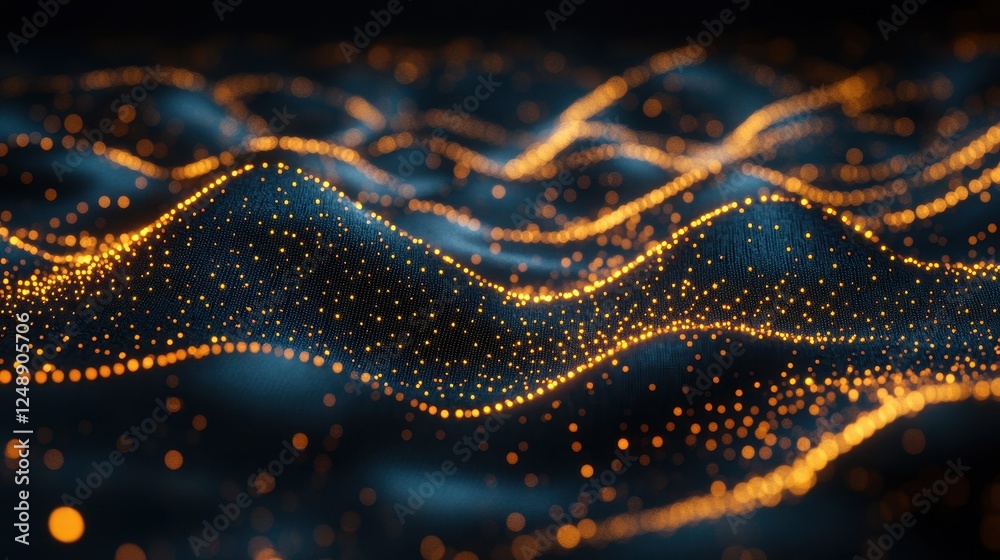 Poster glowing particle waves, dark background, abstract tech concept, website banner