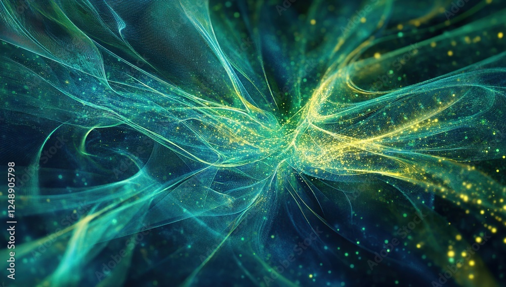 Poster abstract teal and gold particles flow dynamically in 4k, creating a mesmerizing visual spectacle wit