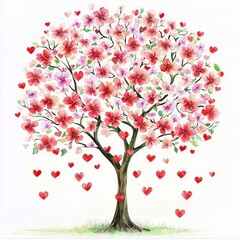 Fototapeta premium A vibrant tree adorned with pink flowers and red hearts, symbolizing love and nature.