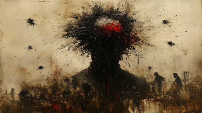 Dark silhouette with explosive thoughts against sepia background depicting inner turmoil and mental chaos. Abstract representation of psychological struggle and emotional expression