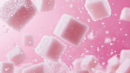 Cubes descend through the air, surrounded by a soft pink background, creating an enchanting and visually appealing motion