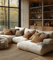 Fototapeta premium Cozy Scandinavian Living Room with Light Beige Sofa and Wooden Decor