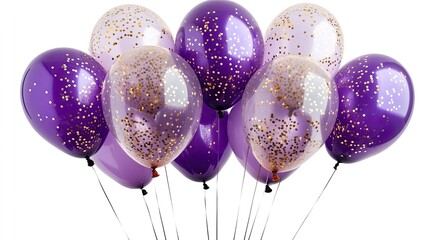 Purple balloons with gold glitter confetti isolated on a transparent or white background. --ar 16:9 --style raw --stylize 250 --v 6.1 Job ID: 454af92a-0dc5-4896-a8f8-05a092b4d920
