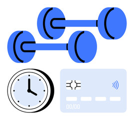 Blue dumbbells, analog clock, and contactless payment card represent fitness, timekeeping, digital payment, and gym access. Ideal for healthy routines, training plans, memberships time management