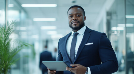 Confident African businessman in modern office corridor with tablet