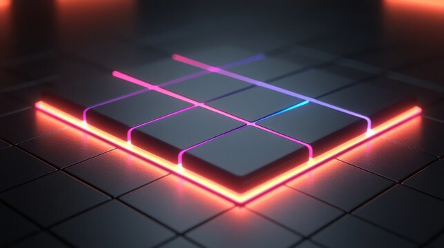 Illuminated square grid with gradient neon light accents