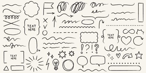 Chalk scribble doodle arrow, line elements set. Crayon arrow, underline, handwritten mark check. Rough hand drawn marker sketch with brush grunge texture. Vector illustration of kids pencil drawing.