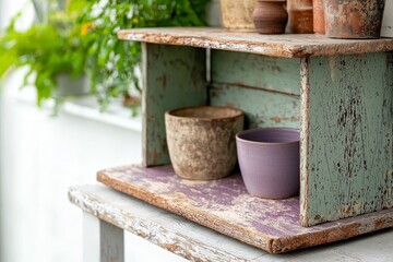 Fototapeta premium Vintage rustic wooden shelf with potted plants showcasing handmade ceramic pots in natural light