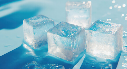 Obraz premium Clear ice cubes rest on a vivid blue surface, reflecting light and providing a refreshing element in a cool environment