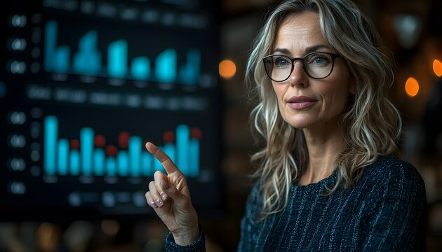 Businesswoman Analyzing Data Trends with Charts and Graphs in Modern Office Environment, Focused on Insights and Strategic Planning for Success