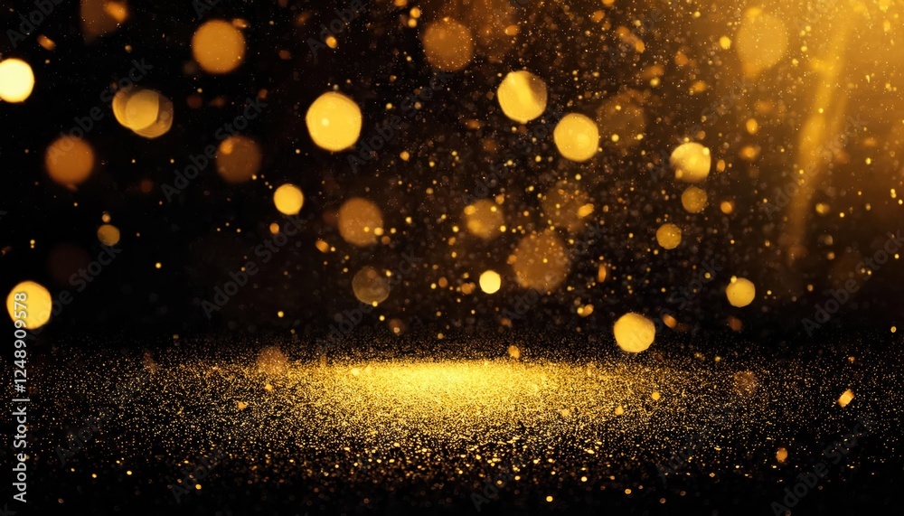 Poster golden bokeh background with shimmering glitter particles on dark backdrop for festive, luxury, and 