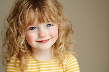 A cheerful young girl with curly blonde hair and blue eyes smiling at the camera.