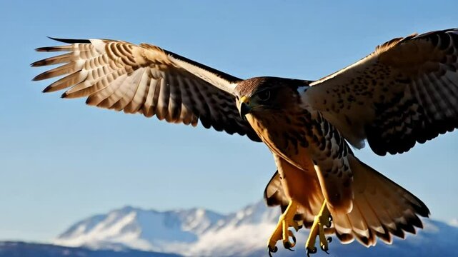 A dynamic portrait of a hawk soaring in mid-flight, wings spread wide, with a vast sky and distant mountains behind.

