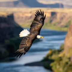 Obraz premium Bald eagle diving toward a river surrounded by cliffs
