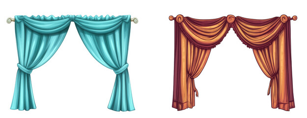 Elegant curtains in vibrant colors for adding charm to spaces, isolated on transparent or white background