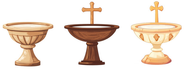 Illustration of three decorative baptismal fonts in varying styles, isolated on transparent or white background