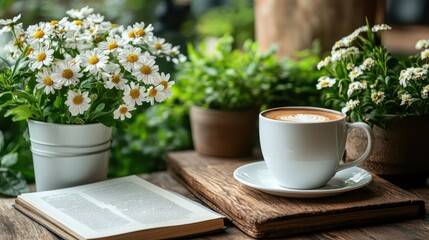 Cup of coffee and an open book on a wooden table with daily affirmations and copy space for text