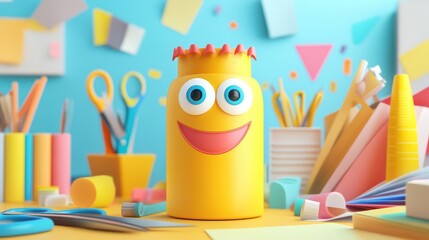 A 3D smiling glue bottle with eyes, surrounded by paper, scissors, and craft supplies.